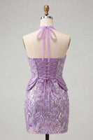 Load image into Gallery viewer, Sparkly Sequin Pink Halter Tight Short Cocktail Dress