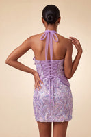 Load image into Gallery viewer, Sparkly Sequin Pink Halter Tight Short Cocktail Dress