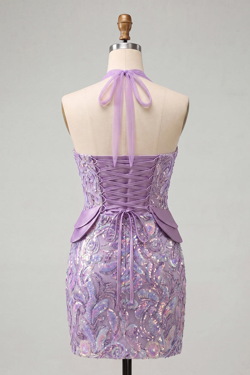 Load image into Gallery viewer, Sparkly Sequin Pink Halter Tight Short Cocktail Dress
