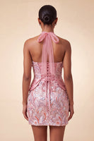 Load image into Gallery viewer, Sparkly Sequin Pink Halter Tight Short Cocktail Dress