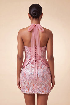 Sparkly Sequin Pink Halter Tight Short Cocktail Dress