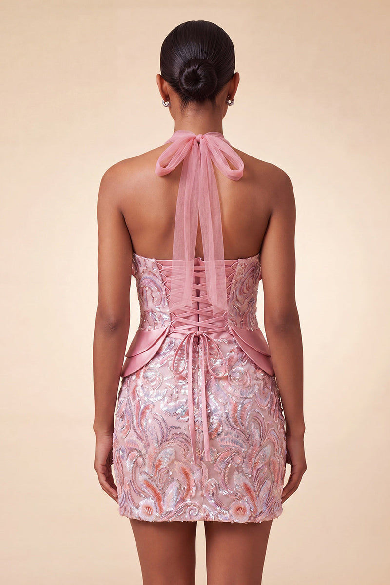 Load image into Gallery viewer, Sparkly Sequin Pink Halter Tight Short Cocktail Dress