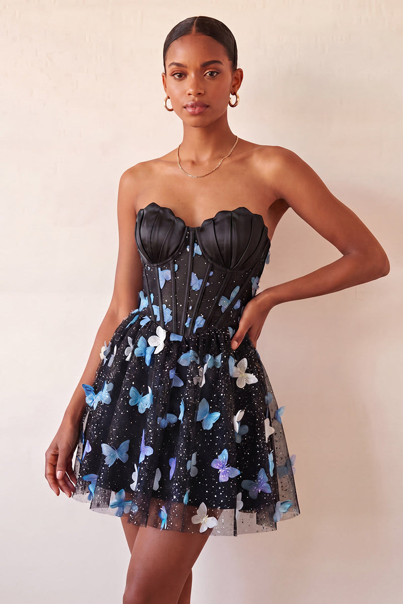 Load image into Gallery viewer, Sparkly Sky Blue Corset A-Line Short Cocktail Dress with 3D Butterflies