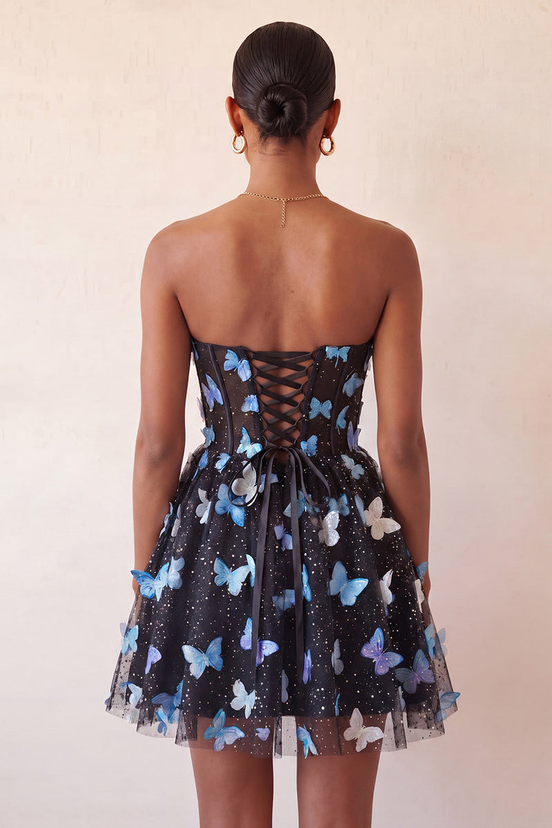 Load image into Gallery viewer, Sparkly Sky Blue Corset A-Line Short Cocktail Dress with 3D Butterflies