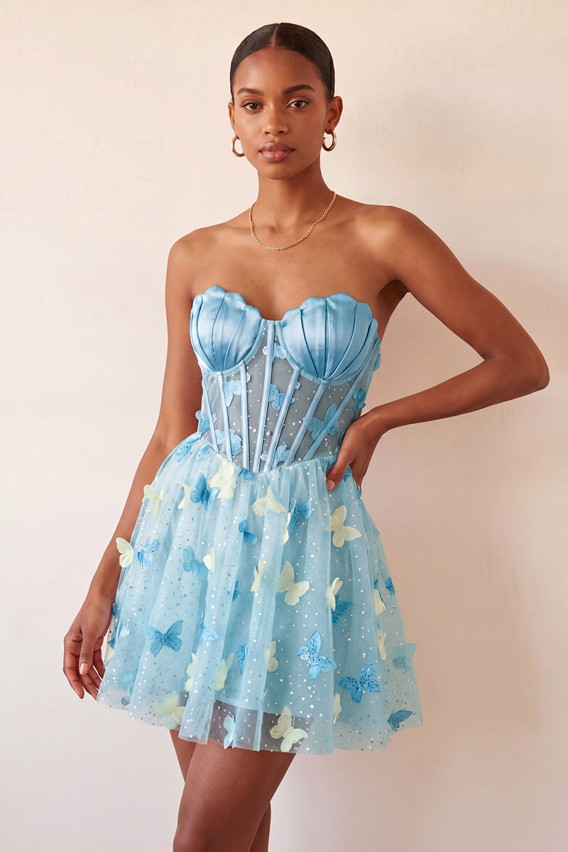 Load image into Gallery viewer, Sparkly Sky Blue Corset A-Line Short Cocktail Dress with 3D Butterflies