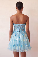 Load image into Gallery viewer, Sparkly Sky Blue Corset A-Line Short Cocktail Dress with 3D Butterflies