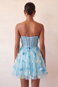 Sparkly Sky Blue Corset A-Line Short Cocktail Dress with 3D Butterflies