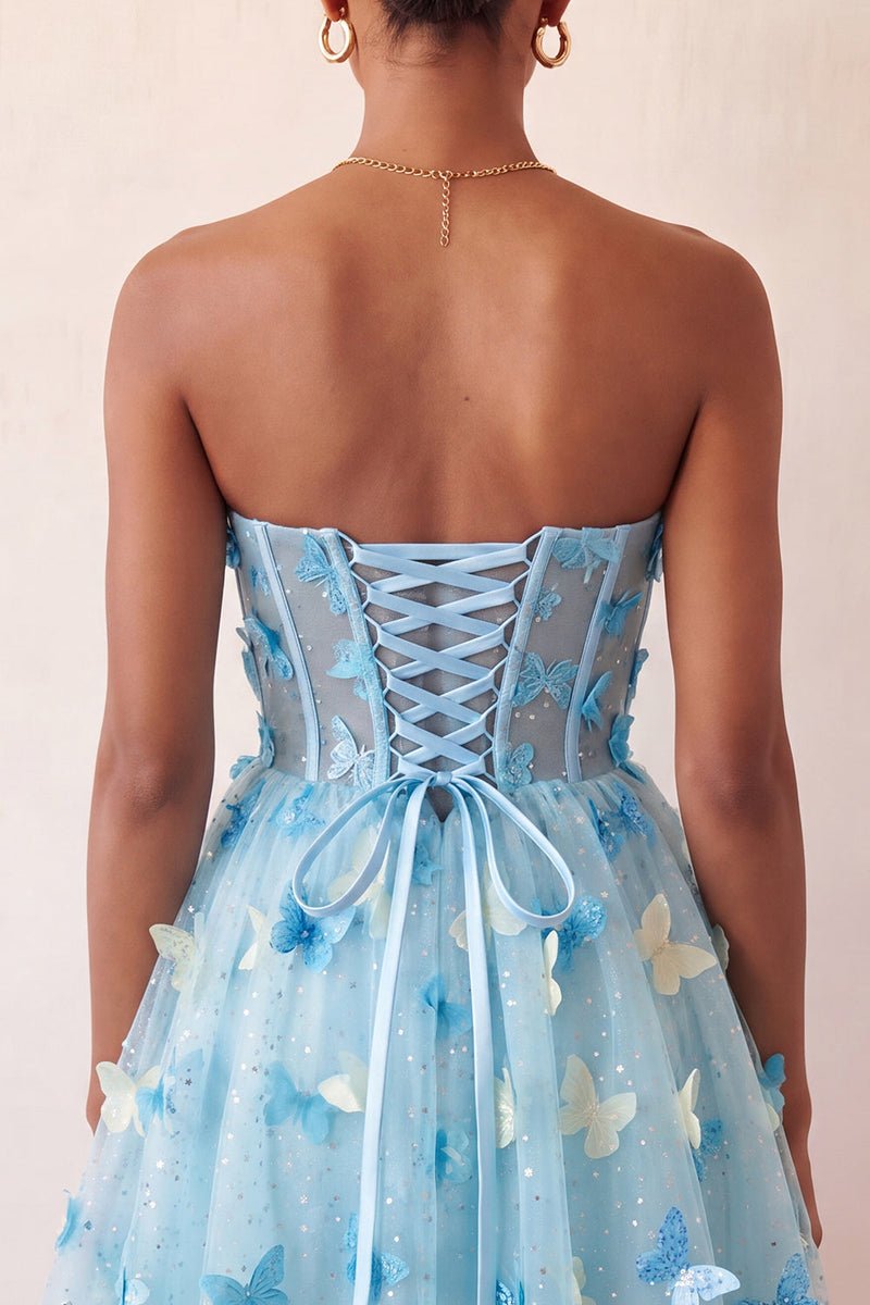 Load image into Gallery viewer, Sparkly Sky Blue Corset A-Line Short Cocktail Dress with 3D Butterflies