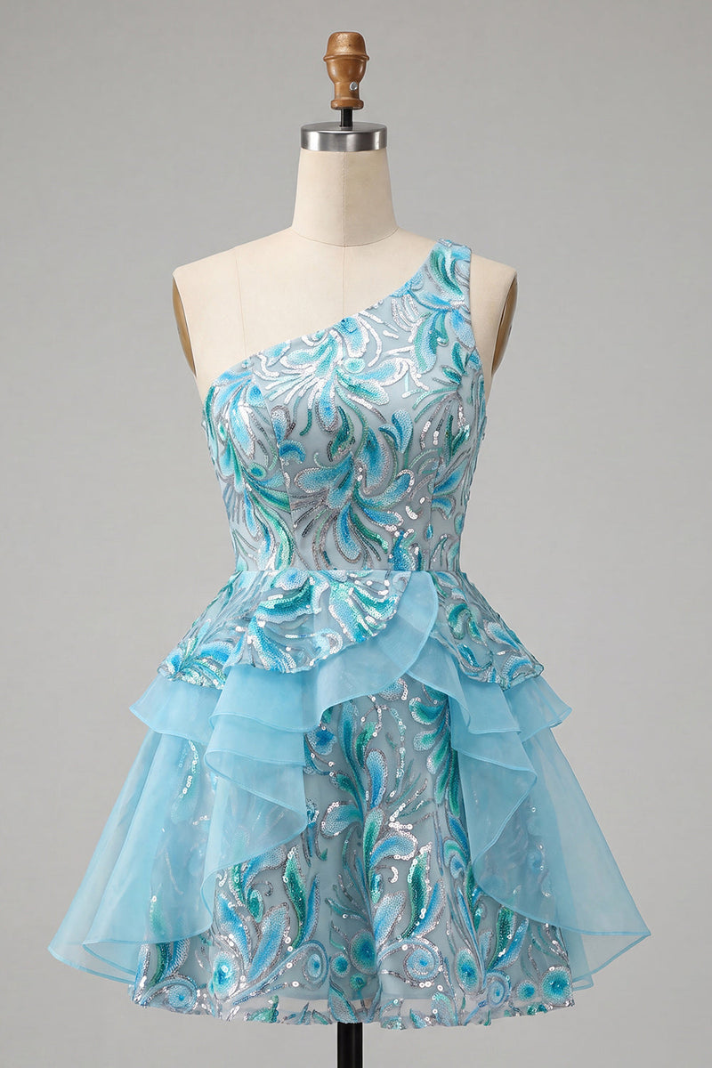 Load image into Gallery viewer, Sparkly Floral Pink Sequin Short Cocktail Dress with Ruffles
