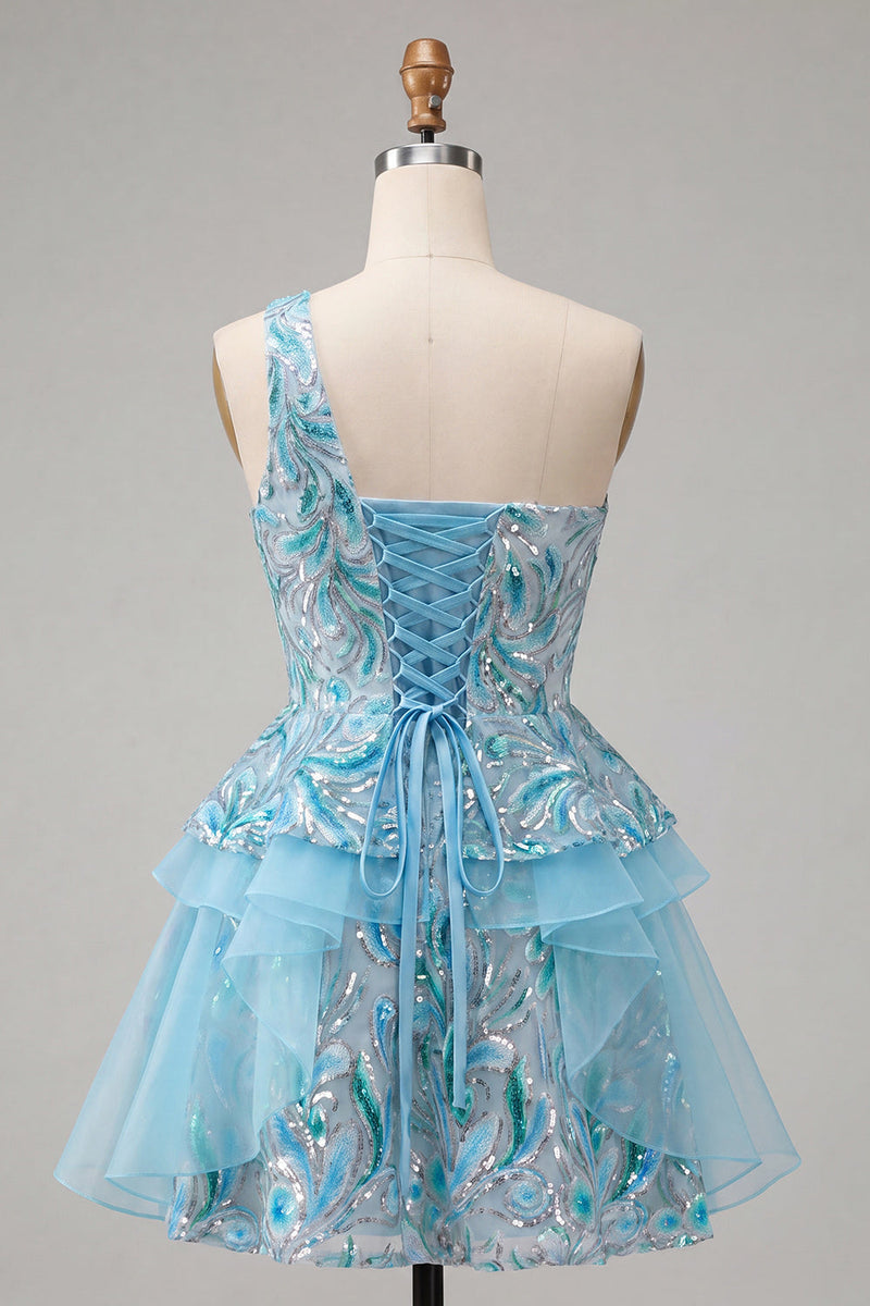 Load image into Gallery viewer, Sparkly Floral Pink Sequin Short Cocktail Dress with Ruffles