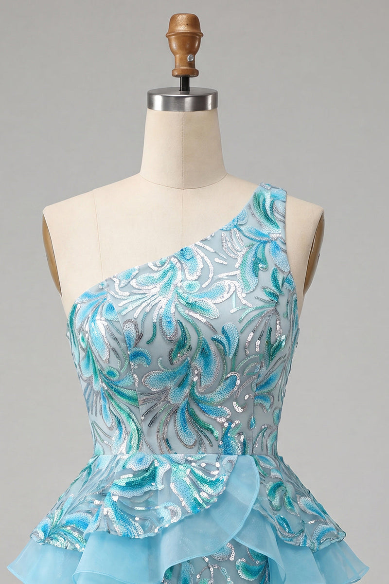 Load image into Gallery viewer, Sparkly Floral Pink Sequin Short Cocktail Dress with Ruffles