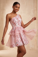 Load image into Gallery viewer, Sparkly Floral Pink Sequin Short Cocktail Dress with Ruffles