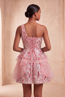 Sparkly Floral Pink Sequin Short Cocktail Dress with Ruffles