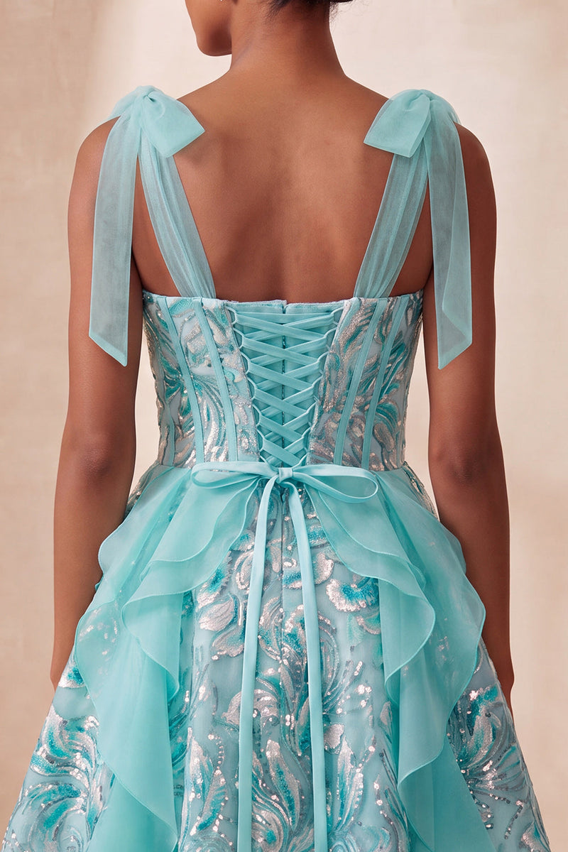 Load image into Gallery viewer, Sparkly Light Purple Corset Sequin Ruffled Short Cocktail Dress with Bows