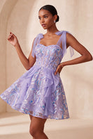 Load image into Gallery viewer, Sparkly Light Purple Corset Sequin Ruffled Short Cocktail Dress with Bows
