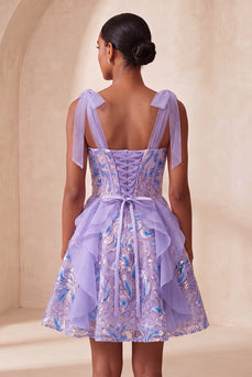 Sparkly Light Purple Corset Sequin Ruffled Short Cocktail Dress with Bows