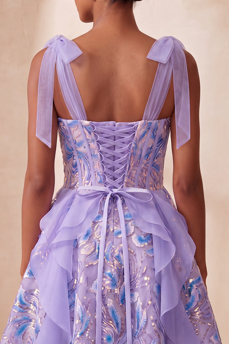Load image into Gallery viewer, Sparkly Light Purple Corset Sequin Ruffled Short Cocktail Dress with Bows