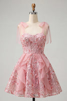 Load image into Gallery viewer, Sparkly Light Purple Corset Sequin Ruffled Short Cocktail Dress with Bows