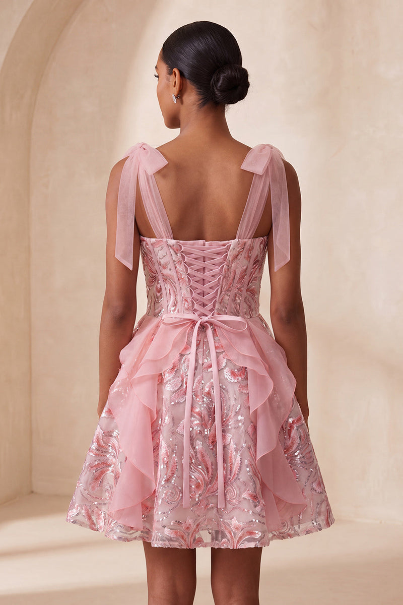 Load image into Gallery viewer, Sparkly Light Purple Corset Sequin Ruffled Short Cocktail Dress with Bows