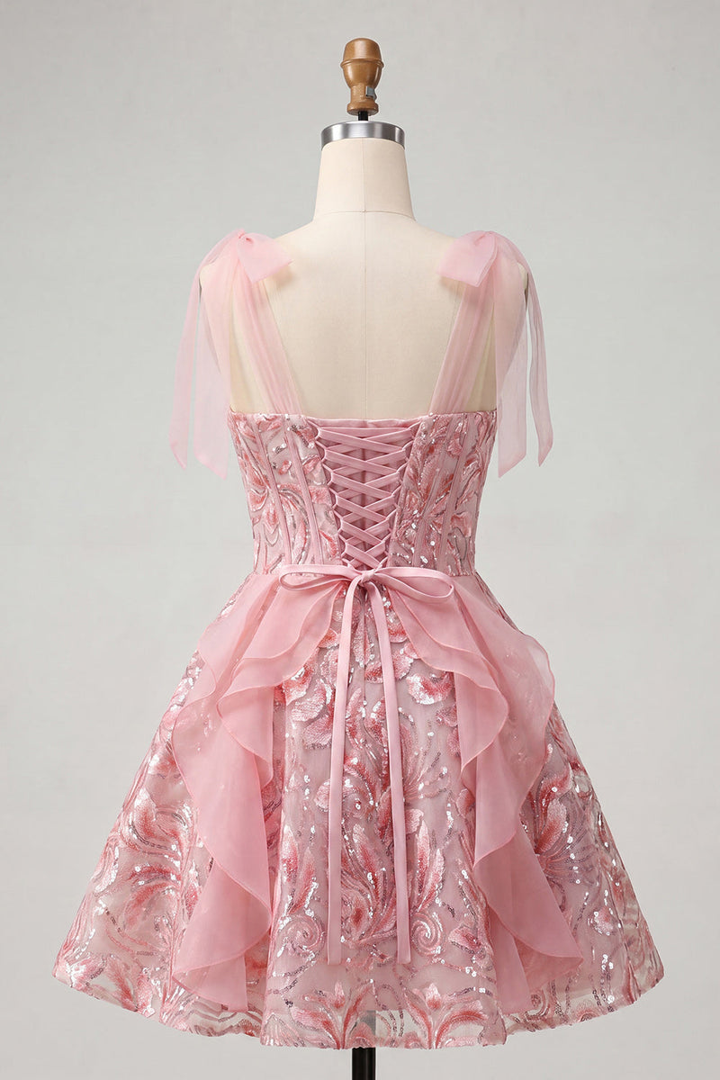 Load image into Gallery viewer, Sparkly Light Purple Corset Sequin Ruffled Short Cocktail Dress with Bows