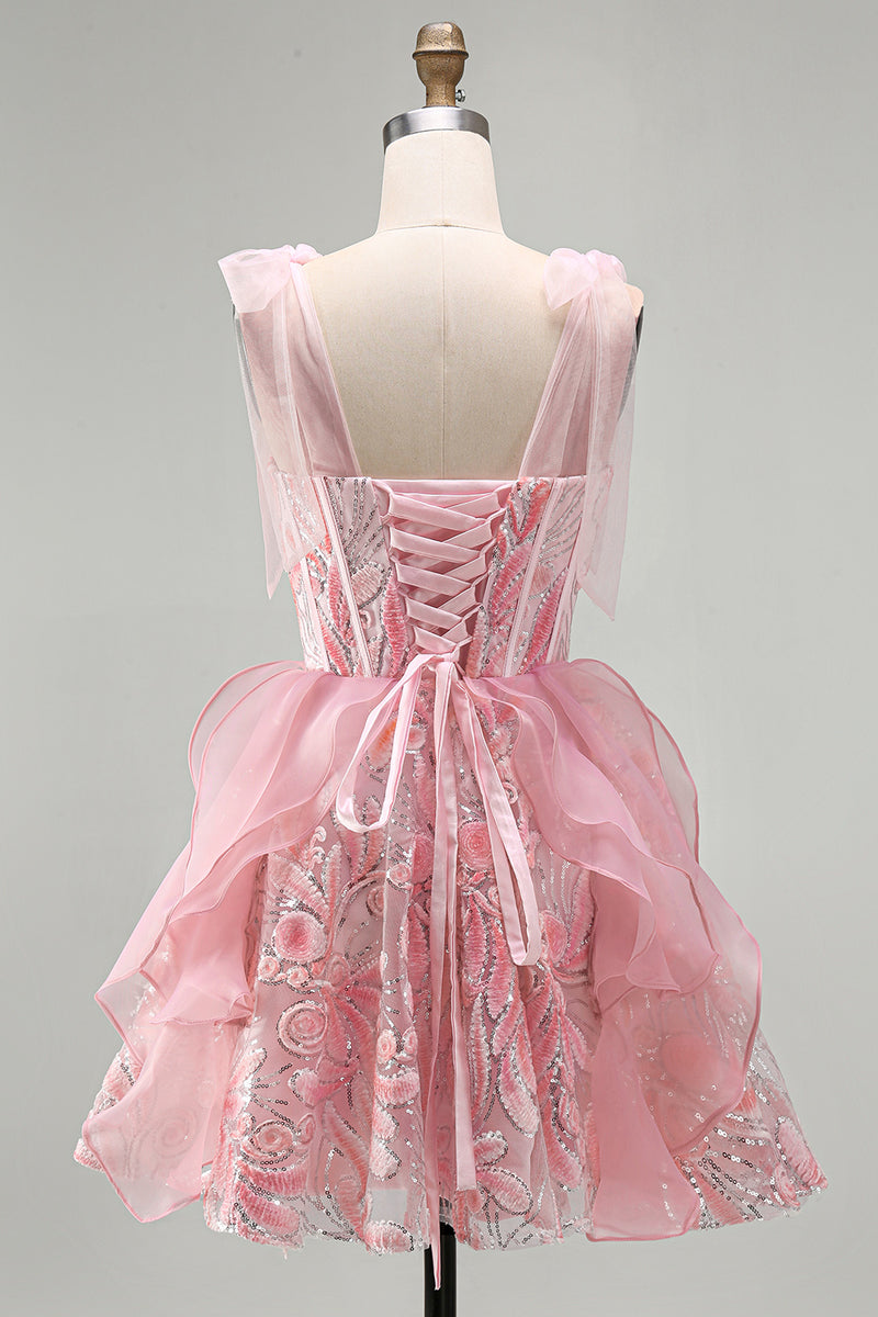 Load image into Gallery viewer, Sparkly Light Purple Corset Sequin Ruffled Short Cocktail Dress with Bows