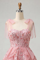 Load image into Gallery viewer, Sparkly Light Purple Corset Sequin Ruffled Short Cocktail Dress with Bows