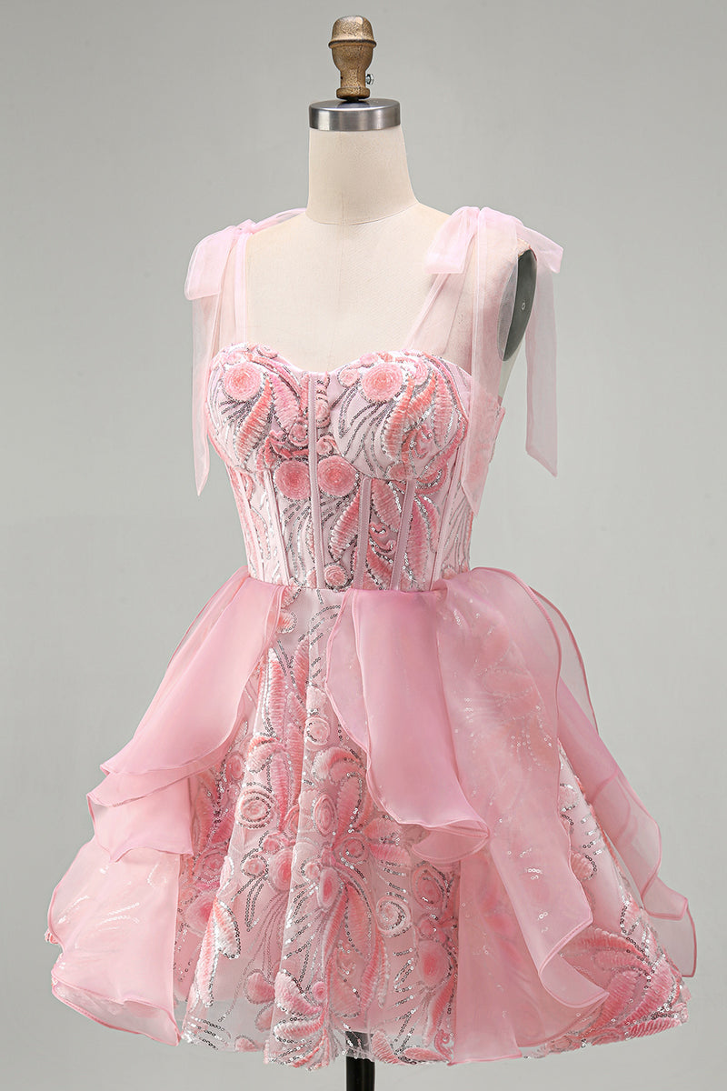 Load image into Gallery viewer, Sparkly Light Purple Corset Sequin Ruffled Short Cocktail Dress with Bows