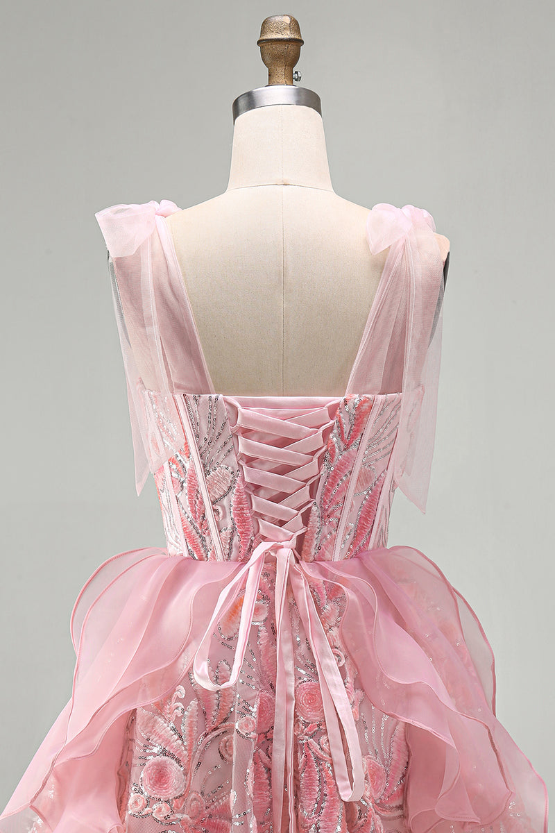 Load image into Gallery viewer, Sparkly Light Purple Corset Sequin Ruffled Short Cocktail Dress with Bows