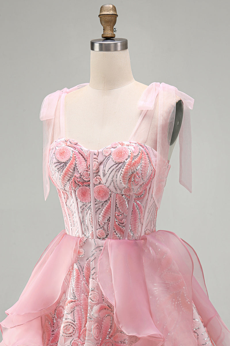 Load image into Gallery viewer, Sparkly Light Purple Corset Sequin Ruffled Short Cocktail Dress with Bows