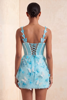 Sparkly Corset Sky Blue Beaded Short Cocktail Dress with Appliques