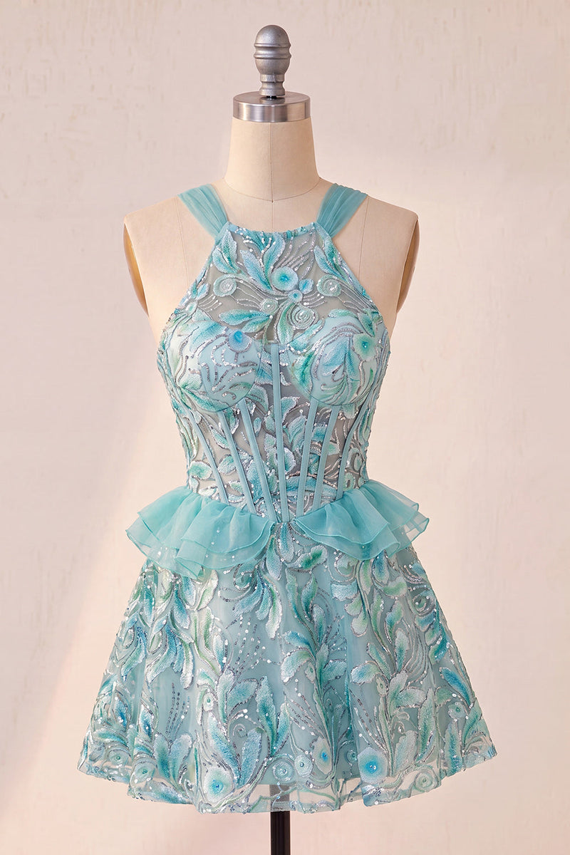 Load image into Gallery viewer, Sparkly Floral Pink Corset Beaded Short Cocktail Dress
