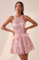 Load image into Gallery viewer, Sparkly Floral Pink Corset Beaded Short Cocktail Dress