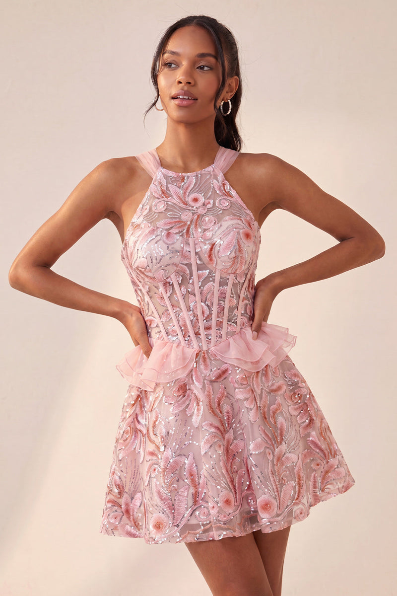 Load image into Gallery viewer, Sparkly Floral Pink Corset Beaded Short Cocktail Dress