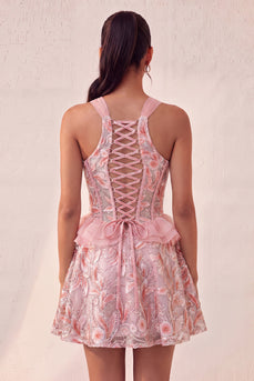 Sparkly Floral Pink Corset Beaded Short Cocktail Dress