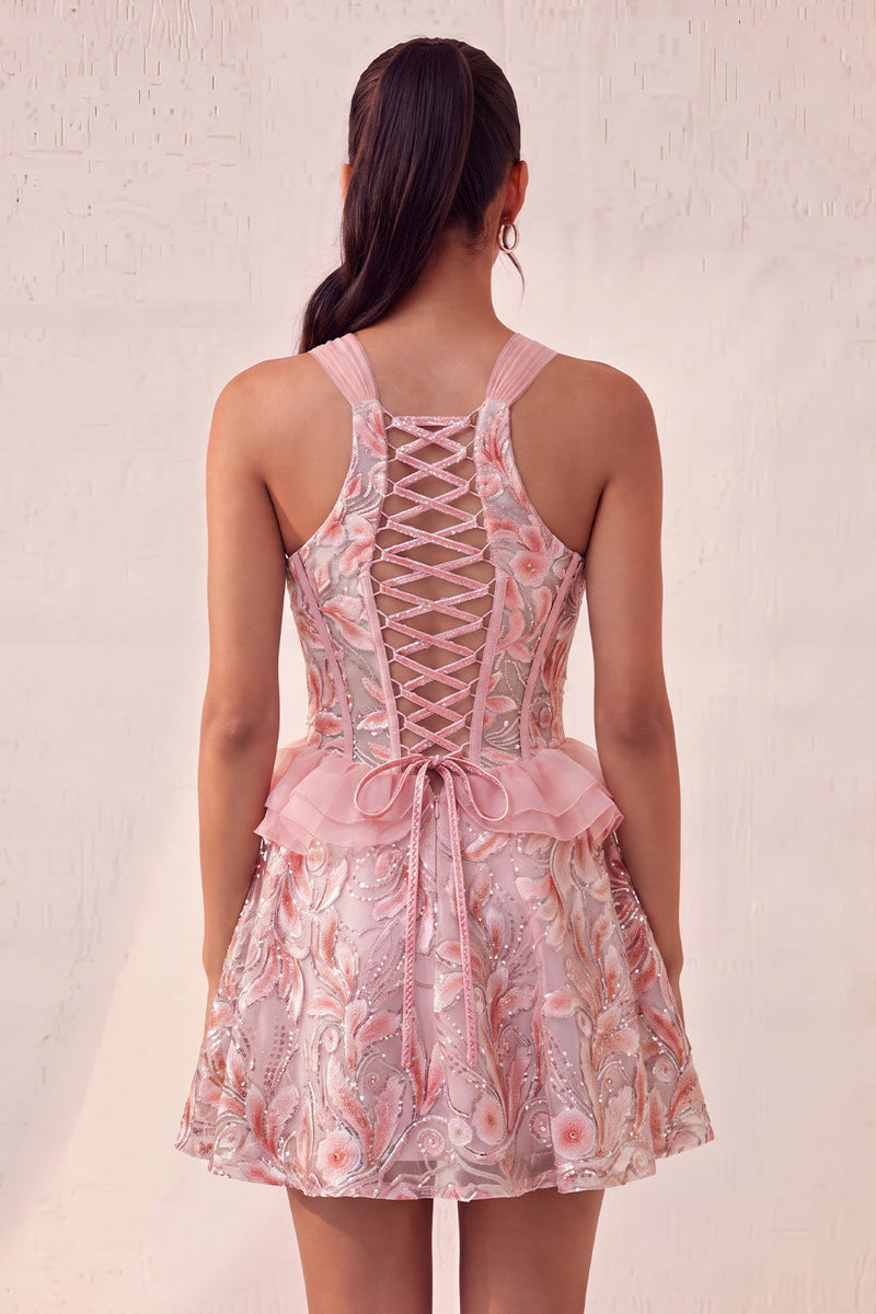 Load image into Gallery viewer, Sparkly Floral Pink Corset Beaded Short Cocktail Dress