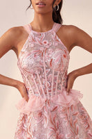 Load image into Gallery viewer, Sparkly Floral Pink Corset Beaded Short Cocktail Dress