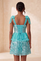 Load image into Gallery viewer, Sparkly Floral Purple Sequin Ruffled Short Cocktail Dress with Bows