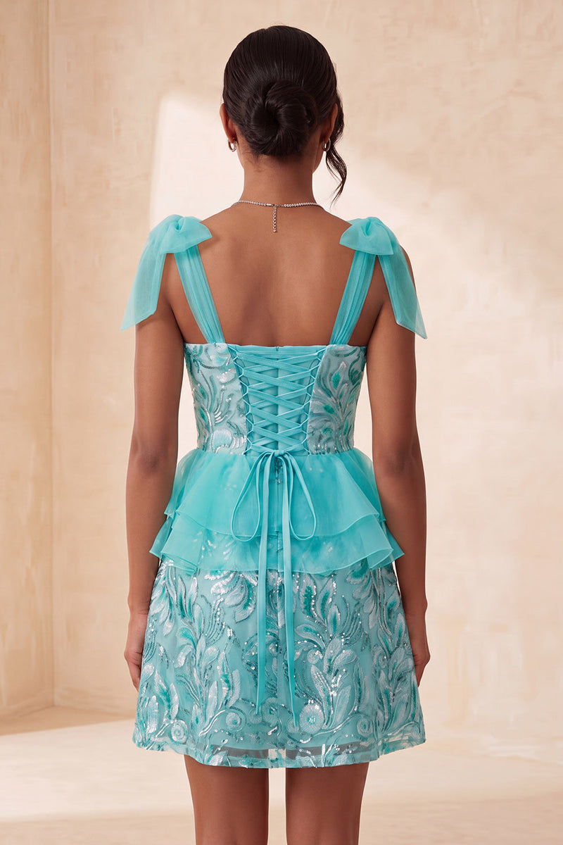 Load image into Gallery viewer, Sparkly Floral Purple Sequin Ruffled Short Cocktail Dress with Bows
