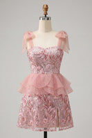 Load image into Gallery viewer, Sparkly Floral Purple Sequin Ruffled Short Cocktail Dress with Bows