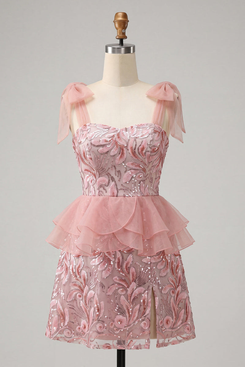 Load image into Gallery viewer, Sparkly Floral Purple Sequin Ruffled Short Cocktail Dress with Bows