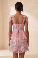 Load image into Gallery viewer, Sparkly Floral Purple Sequin Ruffled Short Cocktail Dress with Bows