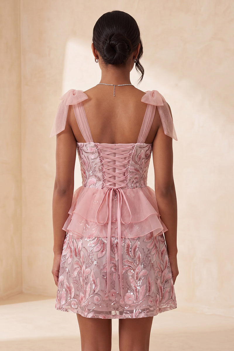 Load image into Gallery viewer, Sparkly Floral Purple Sequin Ruffled Short Cocktail Dress with Bows