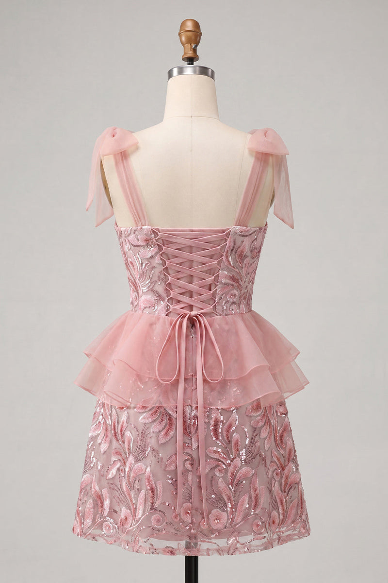Load image into Gallery viewer, Sparkly Floral Purple Sequin Ruffled Short Cocktail Dress with Bows