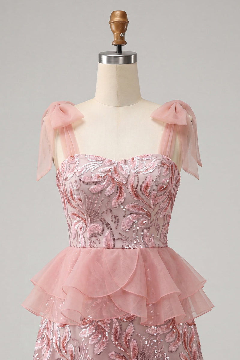 Load image into Gallery viewer, Sparkly Floral Purple Sequin Ruffled Short Cocktail Dress with Bows