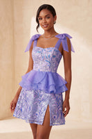 Load image into Gallery viewer, Sparkly Floral Purple Sequin Ruffled Short Cocktail Dress with Bows