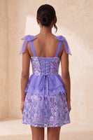 Load image into Gallery viewer, Sparkly Floral Purple Sequin Ruffled Short Cocktail Dress with Bows
