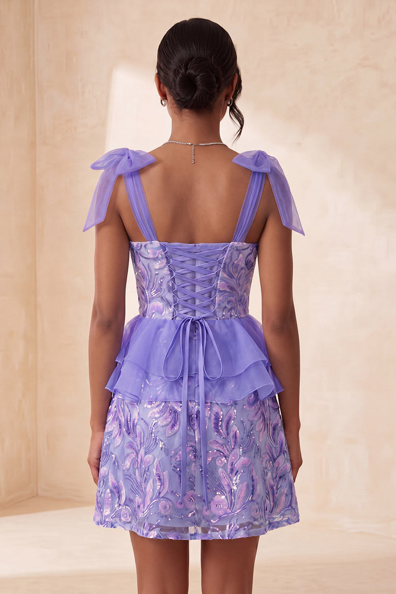 Load image into Gallery viewer, Sparkly Floral Purple Sequin Ruffled Short Cocktail Dress with Bows