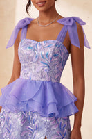 Load image into Gallery viewer, Sparkly Floral Purple Sequin Ruffled Short Cocktail Dress with Bows