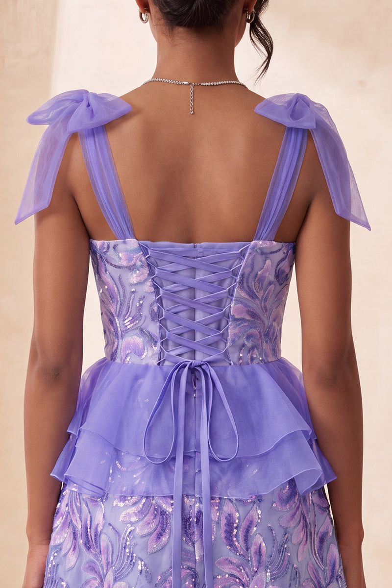 Load image into Gallery viewer, Sparkly Floral Purple Sequin Ruffled Short Cocktail Dress with Bows