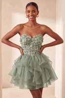 Load image into Gallery viewer, Sage Green Floral Corset Ruffled Short Cocktail Dress
